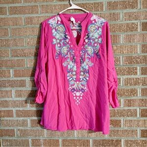 Anthropologie “Luna Moon” Hot Pink Embroidered Tunic Top Size Medium